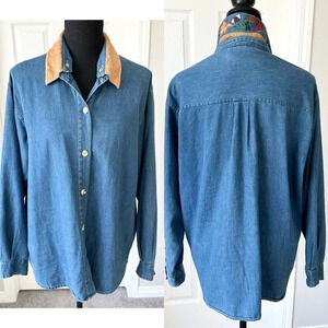 Vintage 90s Rhythm Blue Removable Embroidery Collar Chambray Button Down Shirt